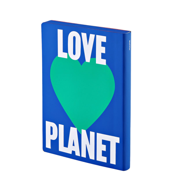 Nuuna, Notizbuch,Flex-Cover aus recyceltem Leder Seiten Punktraster, bedruckt blau-rot-weiss-gruen, Planet Love rückseitig